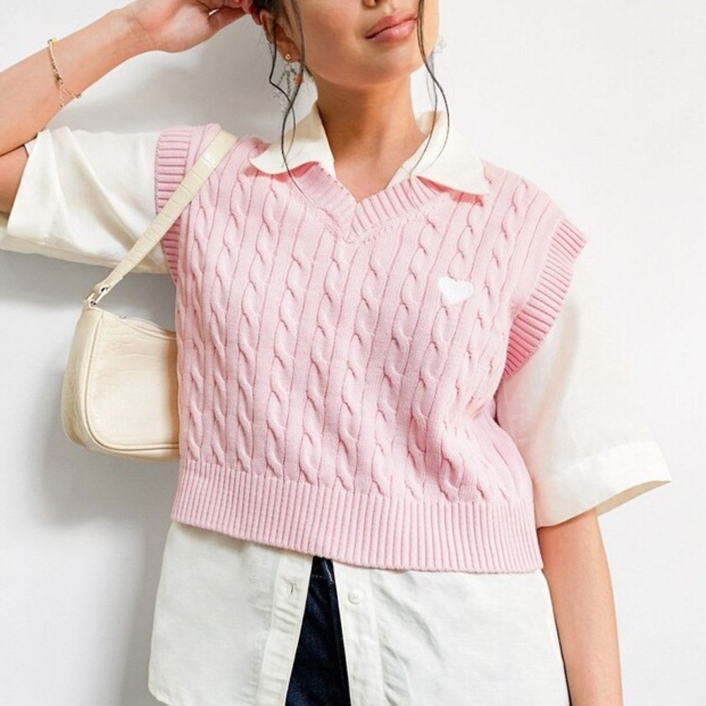 Pink Cable Knit Sweater Vest by Minga